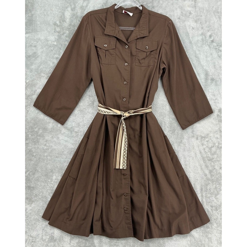 Serbin‎ Dress Womens XL Shirt Dress Belted Utility Midi 70s Button Front Safari